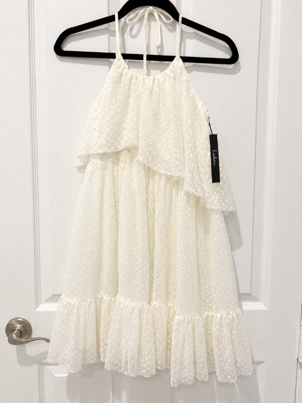 NWT Lulus Ivory Lace Halter Mini Dress M Ruffle Bridal Bachelorette